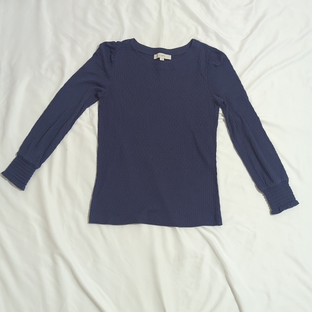 Loft Ribbed Ruffle Sleeve Blouse, Color Blue Size M